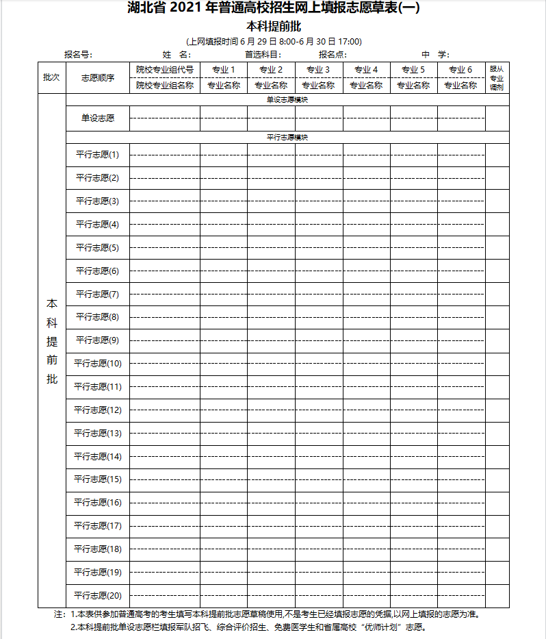 2022年湖北志愿填报时间安排-湖北高考志愿模拟填报表