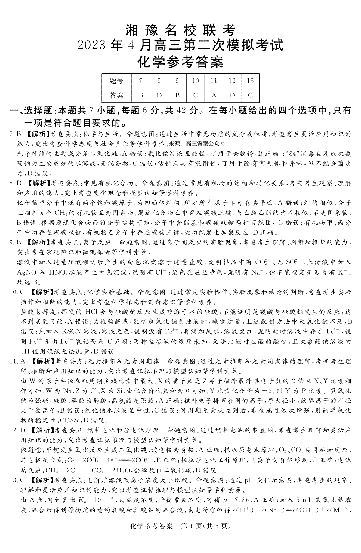 2023届湘豫名校联考高三下学期第二次模拟考试（4月）化学答案